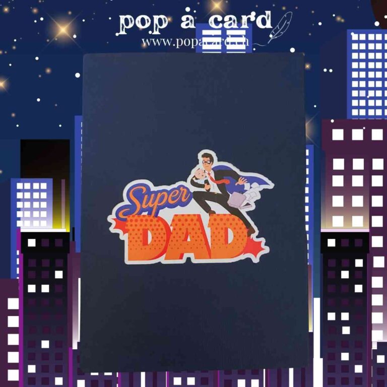 Navy cover with bold Super Dad comic logo on Father’s Day pop‑up greeting card