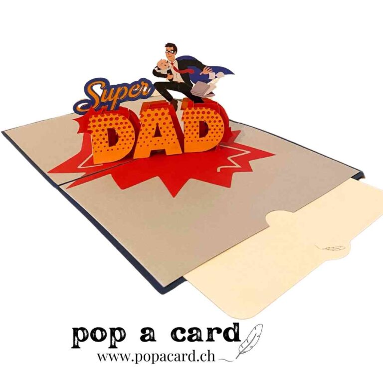 Opened 3‑D Super Dad card, caped father above red DAD letters