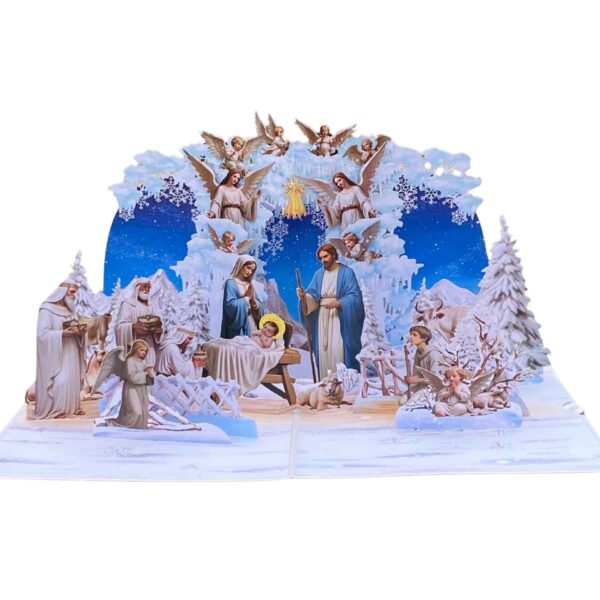 Full view of the open Nativity pop-up card showing the Holy Family, angels, and wise men.