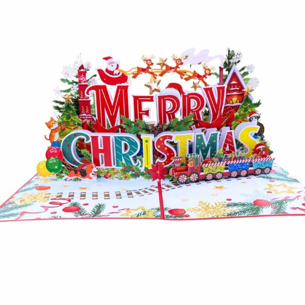 Full view of the "Merry Christmas" pop-up card showing Santa, reindeer, and a 3D train.