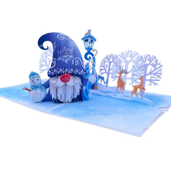 Close-up detail of the bearded gnome's face and the little snowman on the pop-up card.