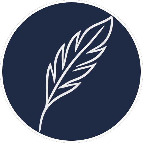 Logo Pop a Card – plume blanche sur fond bleu, symbole de cartes pop-up élégantes