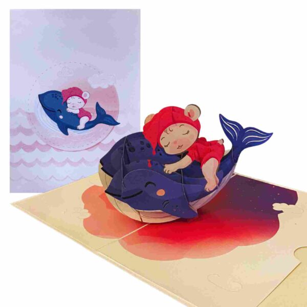 Carte Pop-Up Baleine Bébé – photo catalogue avec carte ouverte et couverture en arrière-plan