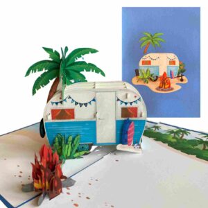 Carte Pop-up Camping Car – photo catalogue avec carte ouverte et couverture en arrière-plan