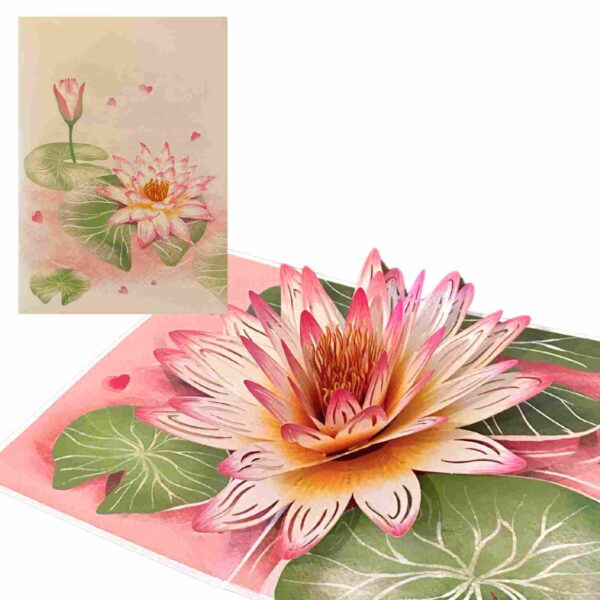 Carte Pop-Up Fleur de Lotus – photo catalogue avec carte ouverte et couverture en arrière-plan