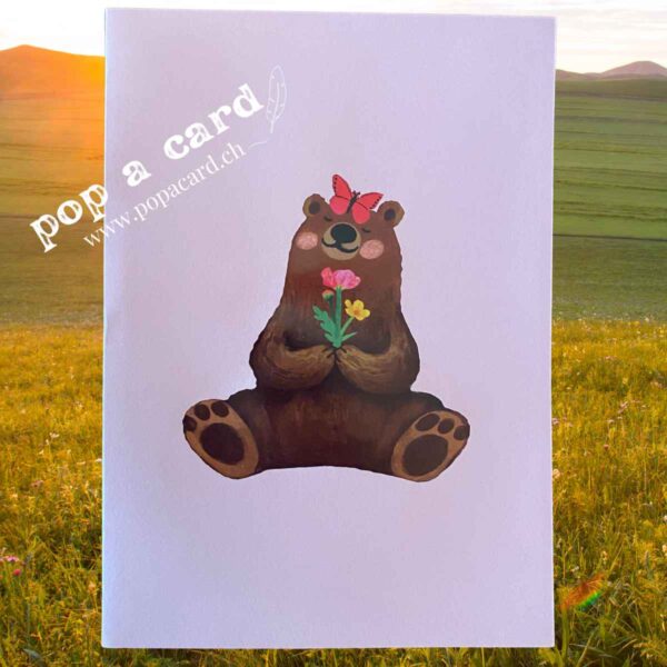 Carte Pop-Up Ours Printemps & Chariot Fleuri – carte pop-up et carte de vœux 3D – face avant