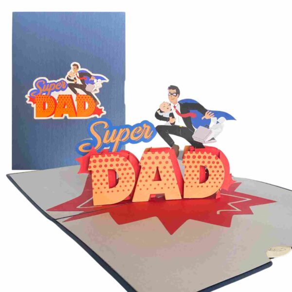 Carte Pop-Up Super Papa – photo catalogue avec carte ouverte et couverture en arrière-plan