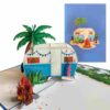 Camper van beach pop‑up retirement card showing cover plus interior diorama