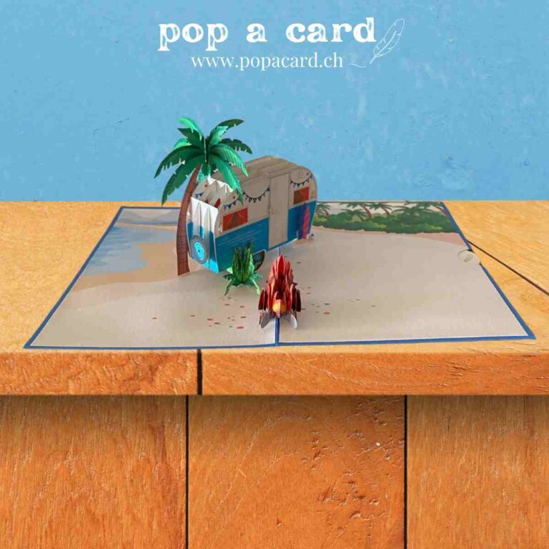 Exposed Open 3‑D camper van card, surfboard, palm and campfire on sandy beach