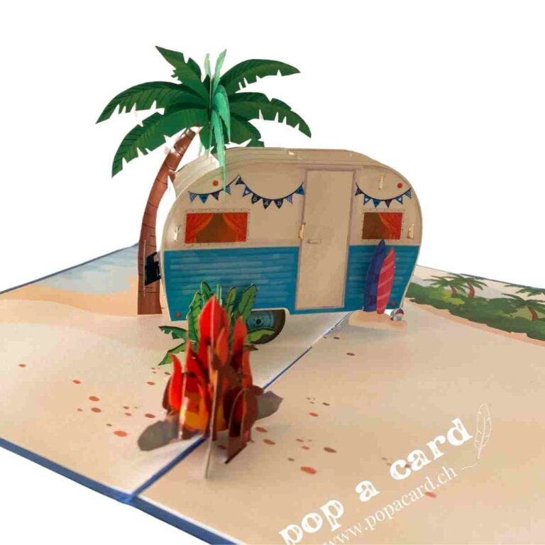 Wheel and campfire detail in camper van 3‑D retirement card