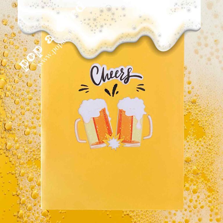 Yellow cover with clinking beer mugs and Cheers text on pop‑up birthday greeting card