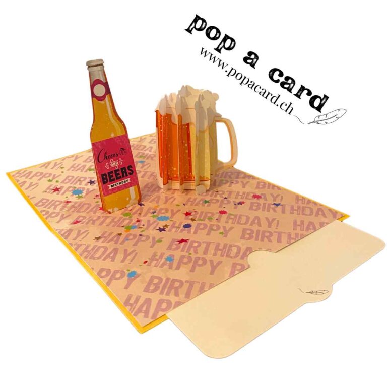 Open 3‑D card shows upright beer bottle and foamy mugs on confetti bar top