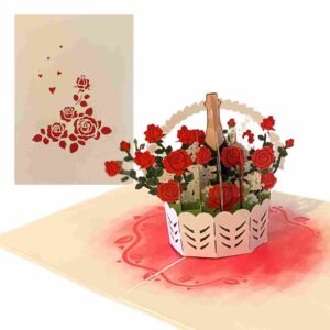 Champagne and roses pop‑up greeting card showing romantic cover and 3‑D bouquet