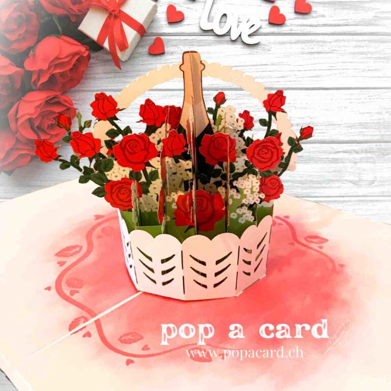 Layered rose petals and champagne neck detail in 3‑D floral card