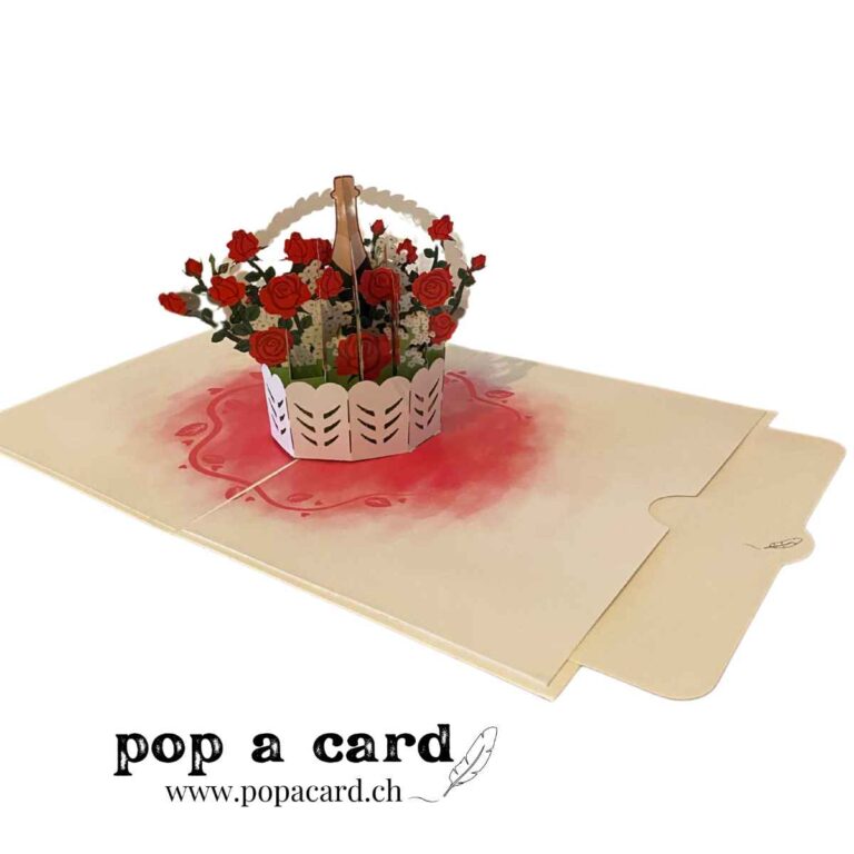 Open 3‑D champagne bottle in basket of scarlet roses, elegant pop‑up card