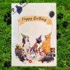 Ivory cover with dogs under Happy Birthday banner on pop‑up greeting card