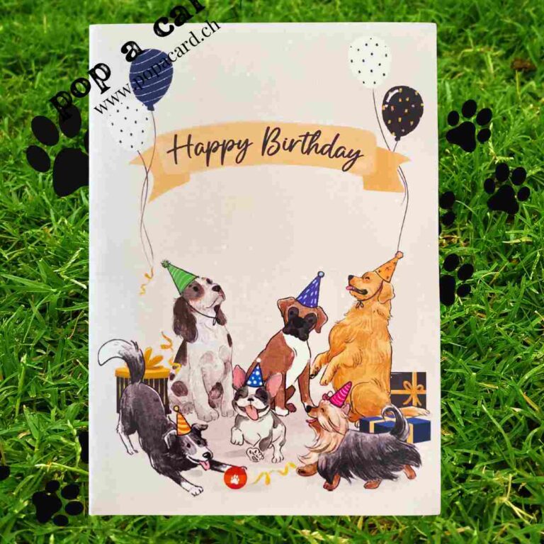 Ivory cover with dogs under Happy Birthday banner on pop‑up greeting card