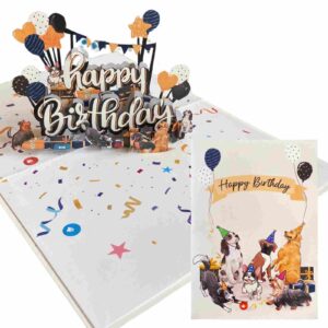 Dog birthday pop‑up card showing cover alongside lively 3‑D interior