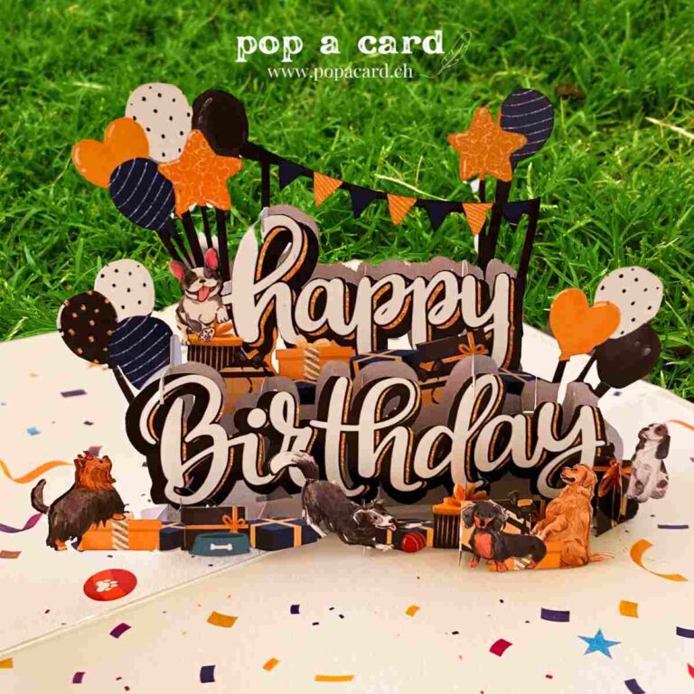 Balloon and puppy detail in 3‑D dog birthday greeting card