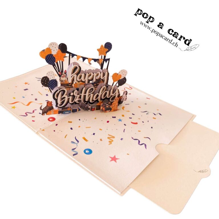 Open 3‑D dog birthday card, puppies, balloons and gifts on confetti base