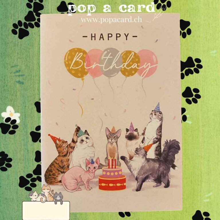 Beige cover with kittens and balloons on pop‑up birthday greeting card