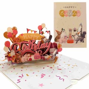 Kitten birthday pop‑up greeting card displaying cover plus party interior