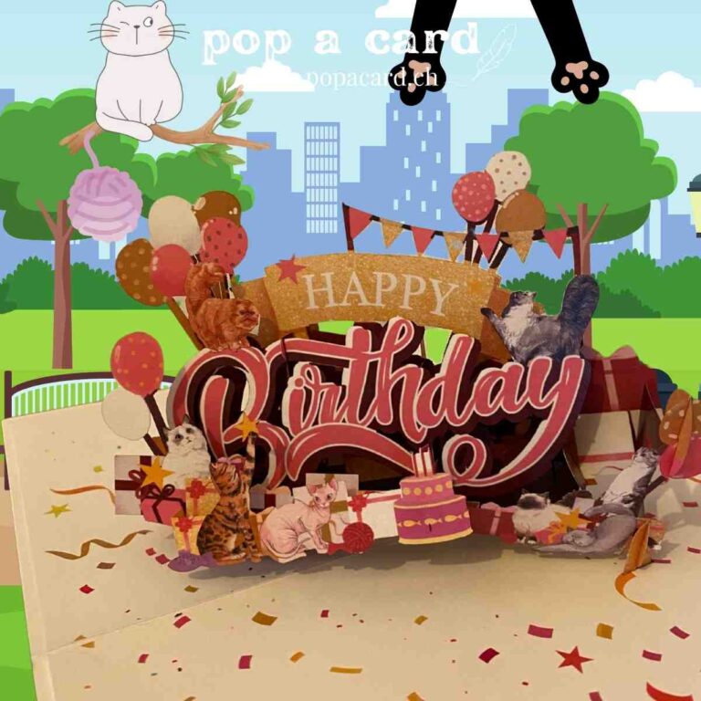 Layered kitten and confetti detail in 3‑D birthday gift card