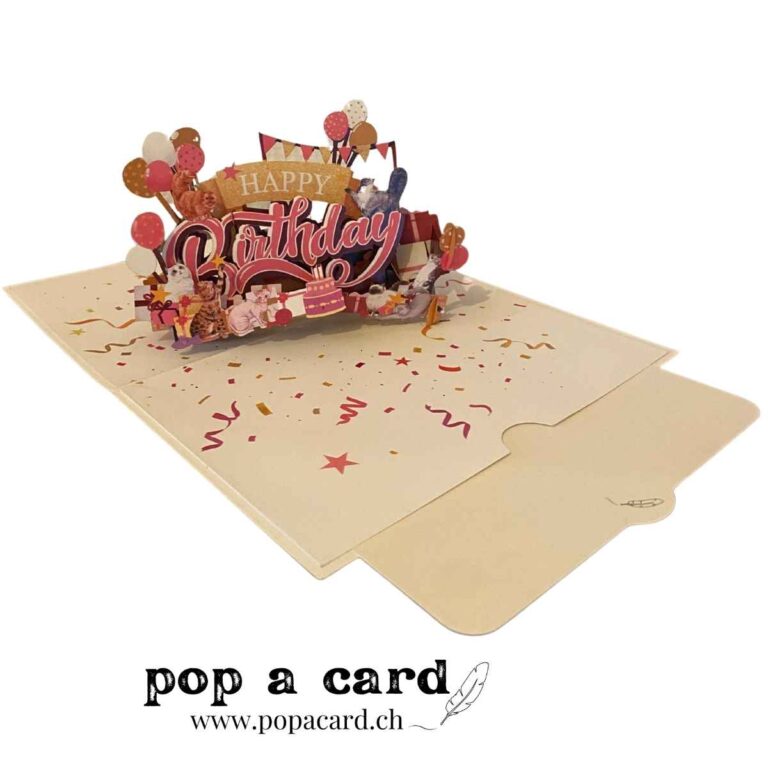 Open 3‑D kitten party card, Happy Birthday sign, balloons and cake