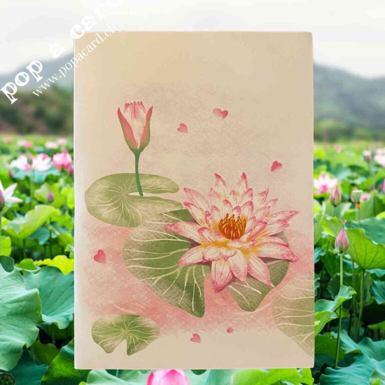 Beige cover with painted lotus bud on pop‑up thank-you card