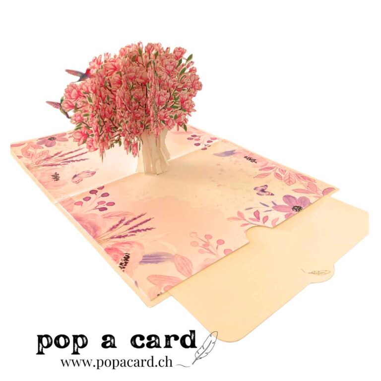 Open 3‑D magnolia bouquet card, blush blossoms and hummingbirds