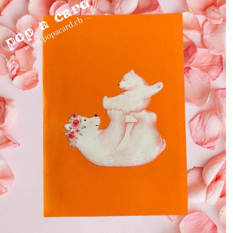 Orange cover with playful mama bear and cub art on Mother’s Day pop‑up greeting card