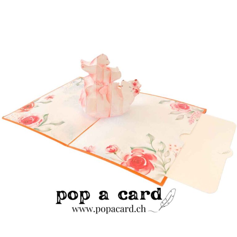 Open 3‑D card shows white mama bear lifting cub amid pink blossoms, perfect for Mother’s Day