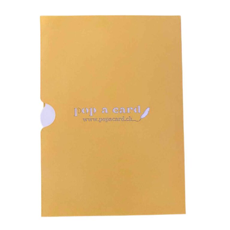 Yellow back of piñata pop‑up birthday card with small brand stamp