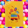 Bright yellow cover featuring rainbow donkey piñata on pop‑up birthday greeting card