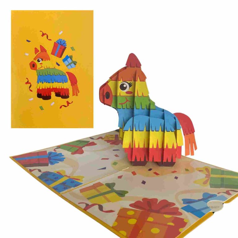 Rainbow piñata pop‑up birthday card showing cover plus colourful 3‑D interior