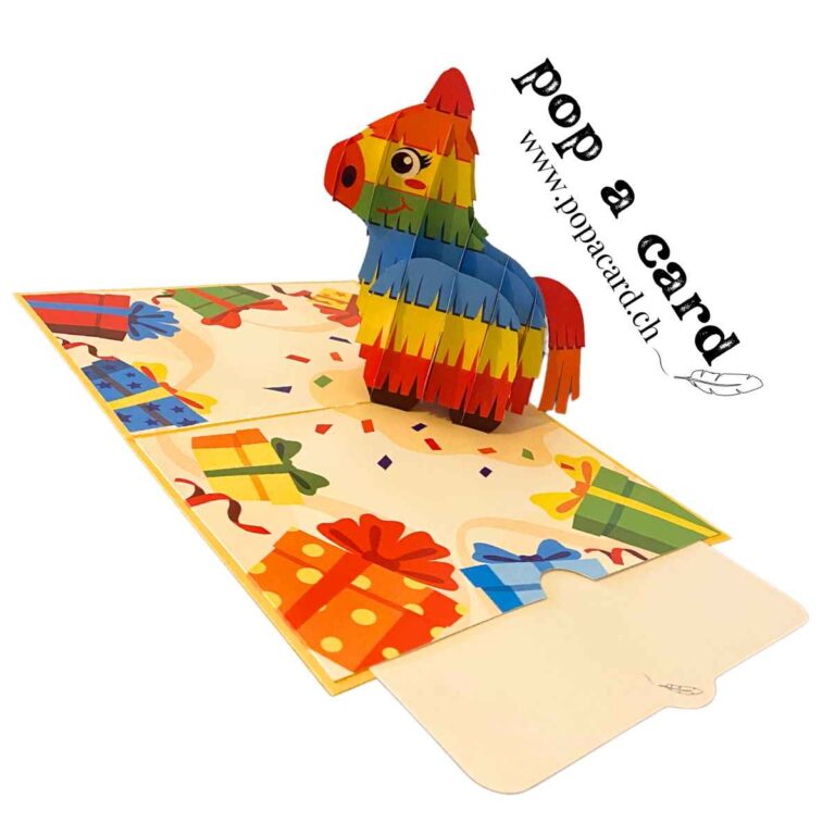 Opened 3‑D piñata birthday card, fringe donkey above confetti floor and gift boxes