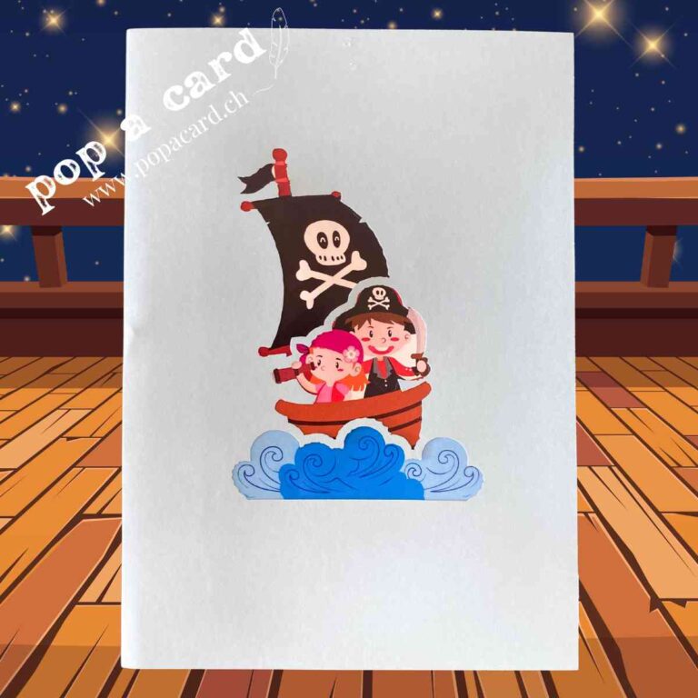 Blue cover with cartoon pirate ship artwork on kids’ pop‑up birthday greeting card