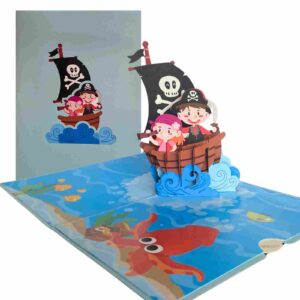 Pirate ship pop‑up birthday card displaying cover and nautical 3‑D scene