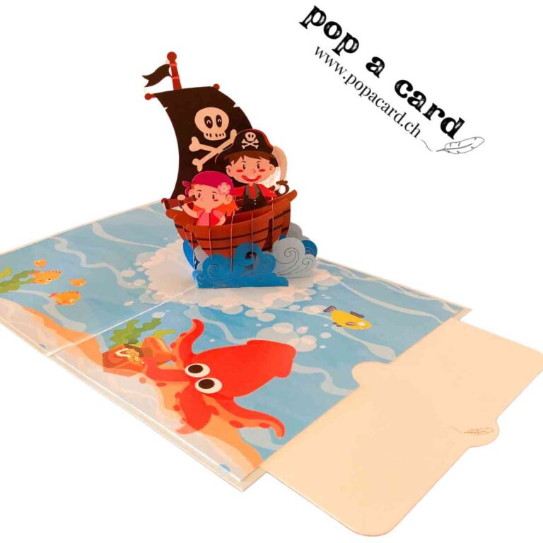 Open 3‑D pirate ship card, black sails and smiling crew riding blue waves