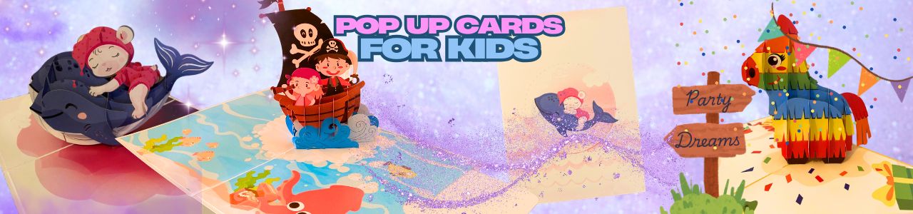 Pop-up cards for kids featuring a pirate ship, playful whale ride, and colorful piñata — fun designs perfect for birthdays and celebrations.