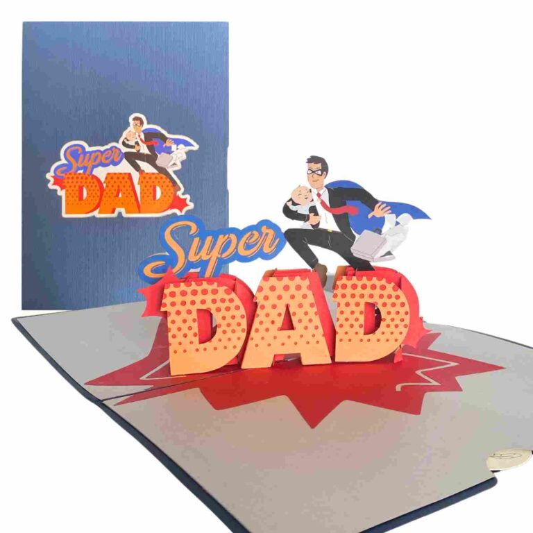 Super Dad pop‑up greeting card displaying cover art and hero 3‑D interior