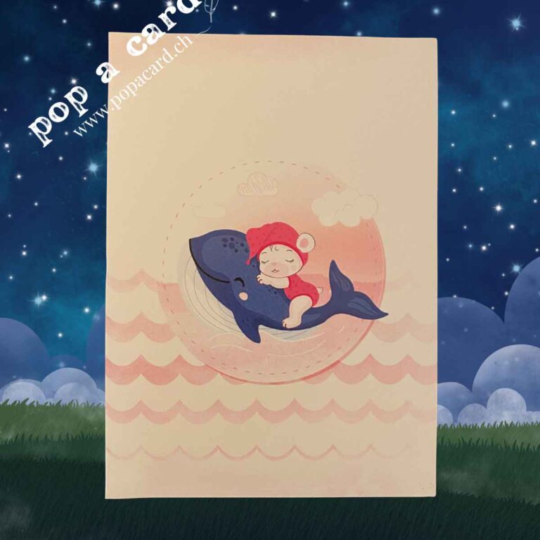 Soft pastel cover with baby riding whale illustration on new baby pop‑up card