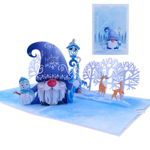 Full view of the open 3D pop-up card showing a large gnome, a snowman, and deer.