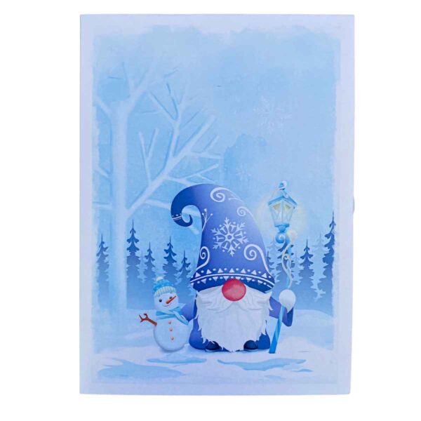 A stylish 3D pop-up card with a blue Scandinavian gnome in a poetic winter forest scene.