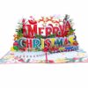 Full view of the "Merry Christmas" pop-up card showing Santa, reindeer, and a 3D train.