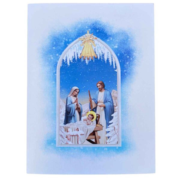 Close-up detail of Jesus in the manger with Mary and Joseph on the 3D Nativity card.