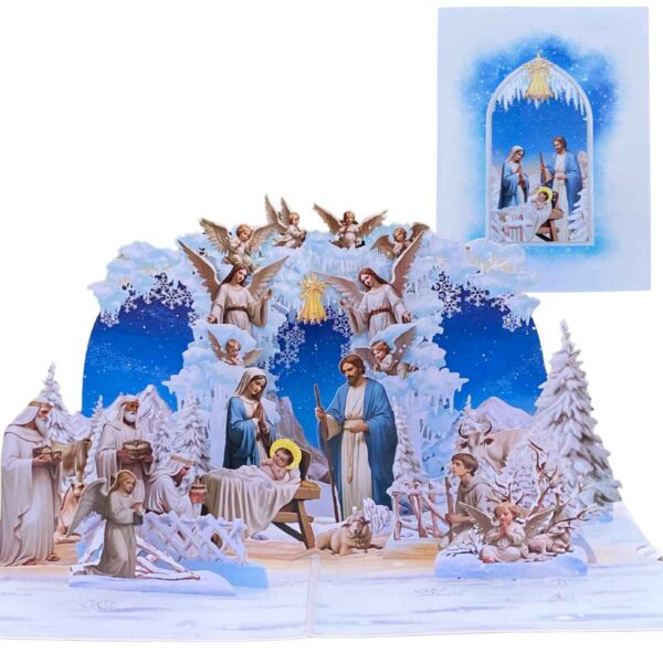 3D pop-up card of the traditional Nativity scene, displayed as a miniature paper creche.
