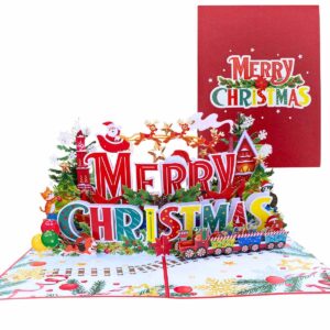 A colorful 3D pop-up card with "Merry Christmas" text and a train, shown open.