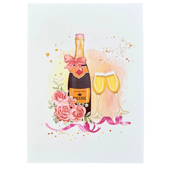Closed 3D pop-up celebration card: ivory cover with a champagne bottle, two flutes and roses