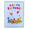 Closed 3D pop-up birthday card: cover with colourful “HAPPY BIRTHDAY” lettering and little dinosaurs